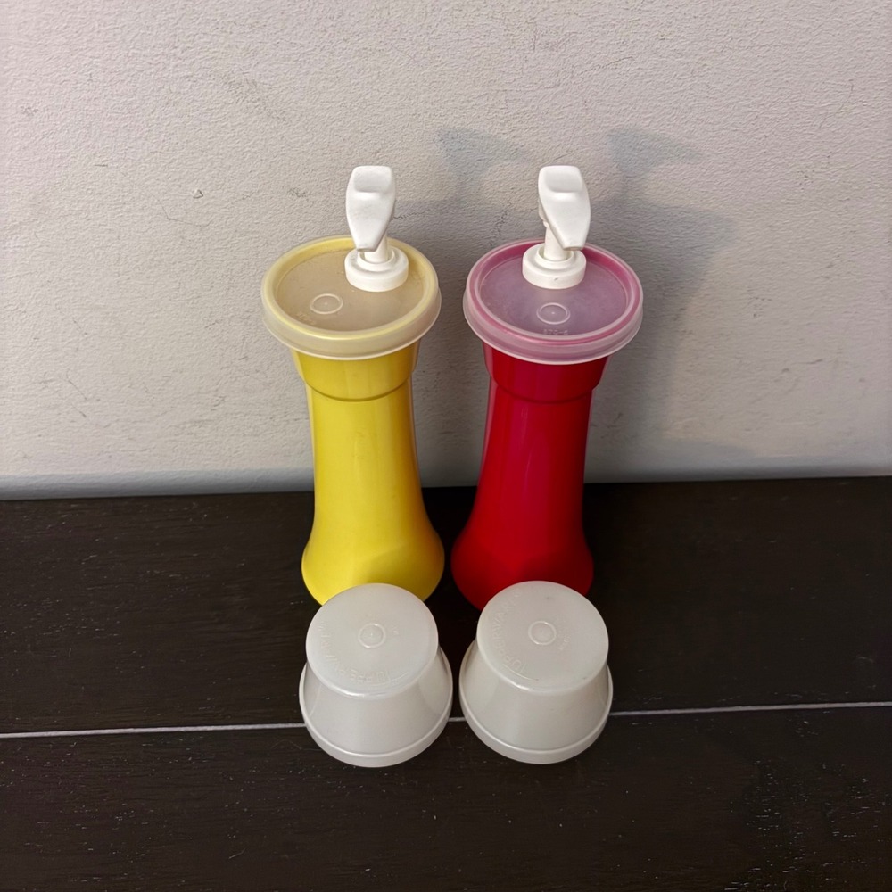 Vintage Tupperware | Ketchup & Mustard Pump Dispensers | Retro Condiment Set - Picture 6 of 11